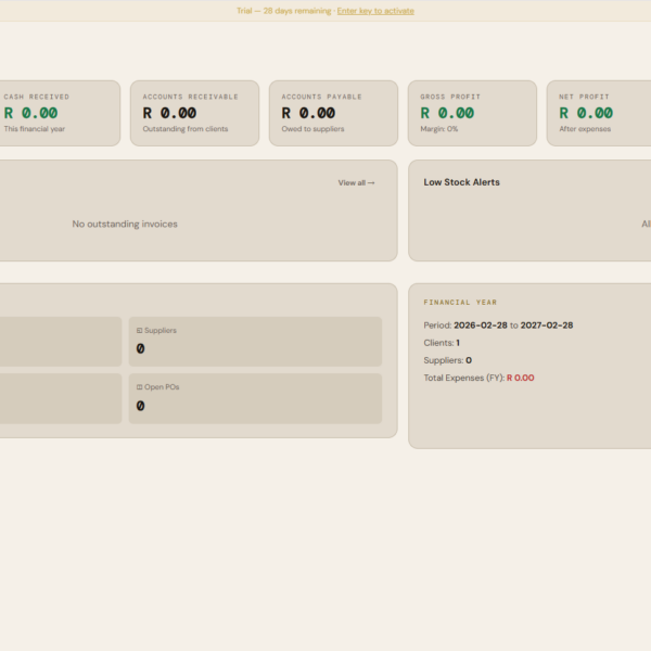 OmniLedger Full business software dashboard — showing Profit & Loss summary, consignment warehouse stock levels, and debtor balances for South African businesses