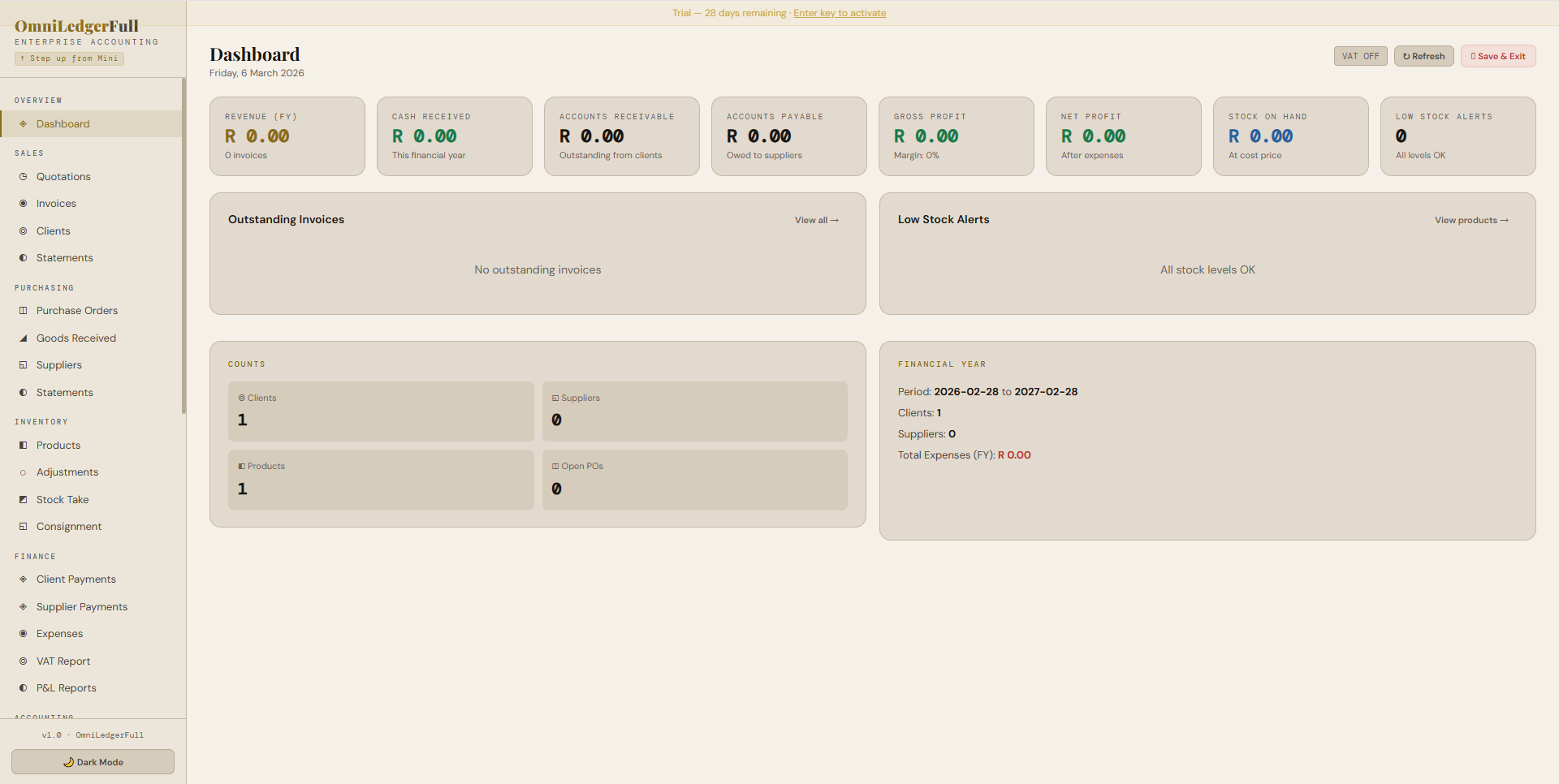 OmniLedger Full business software dashboard — showing Profit & Loss summary, consignment warehouse stock levels, and debtor balances for South African businesses