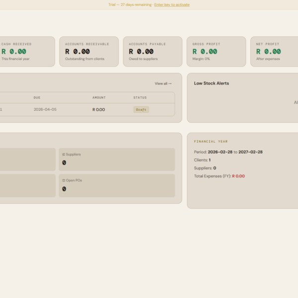 OmniLedger Lite stock management software — showing live inventory levels, stock values, and GRN entry for South African small businesses