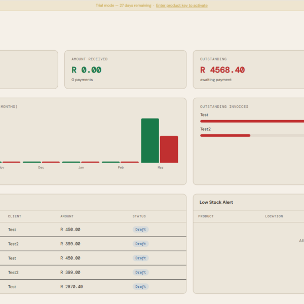 OmniLedger Mini portable invoicing software — dashboard showing tax invoice, client balance, and VAT calculations
