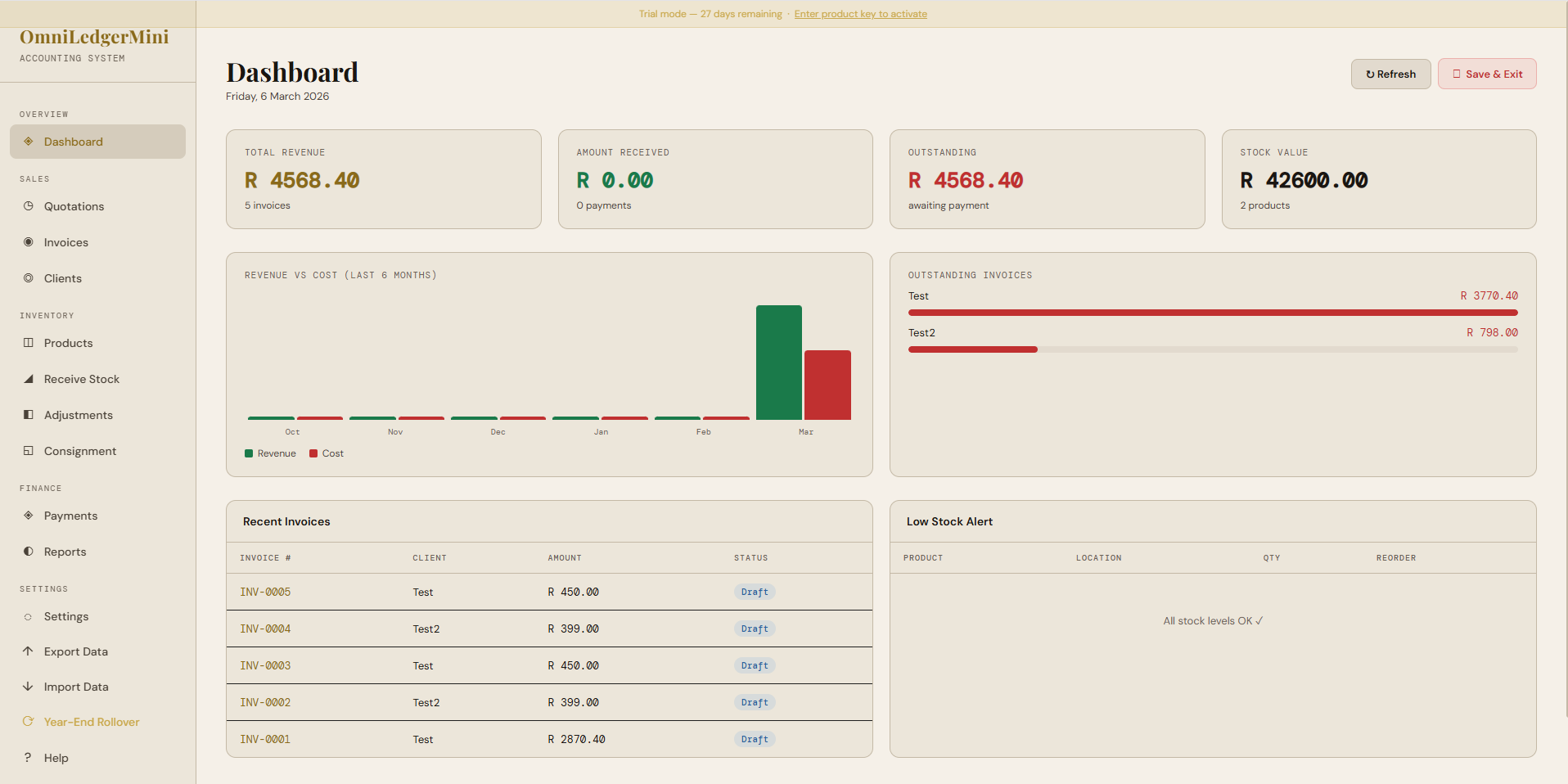 OmniLedger Mini portable invoicing software — dashboard showing tax invoice, client balance, and VAT calculations