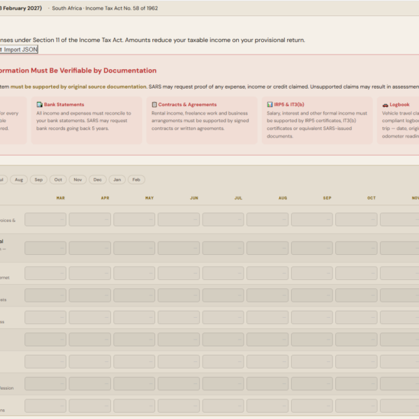 OmniLedger Tax SARS expense tracker — showing monthly provisional tax and rental property deduction categories for South African individual taxpayers